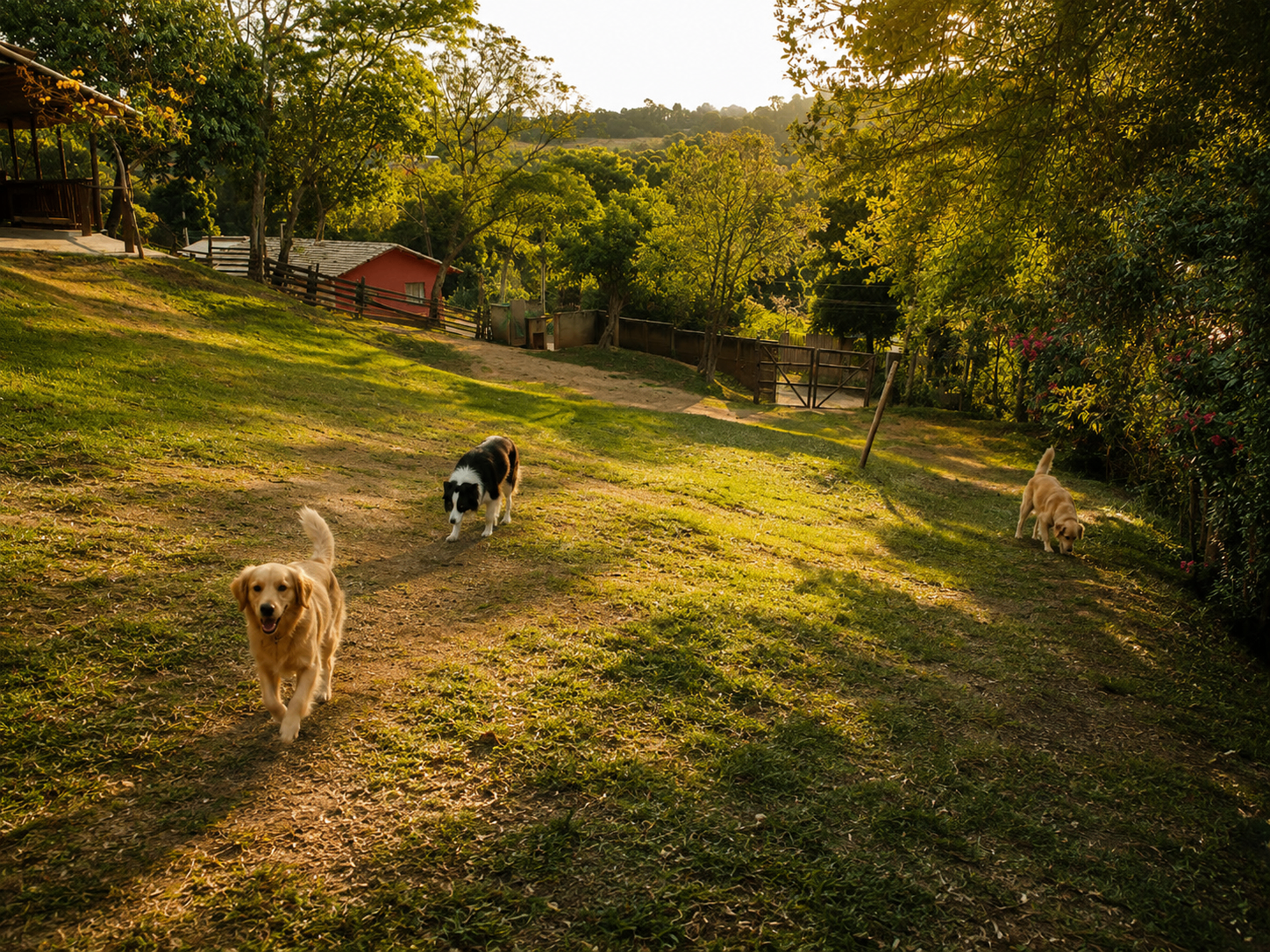 Cães aproveitando o espaço externo do Refúgio Aumigo ao fim da tarde