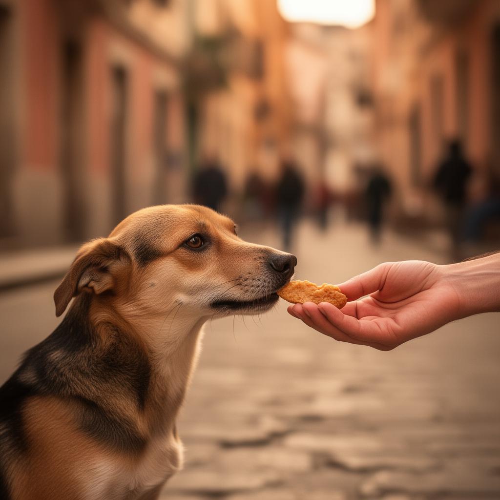 Mão oferecendo cuidado a um cão de rua